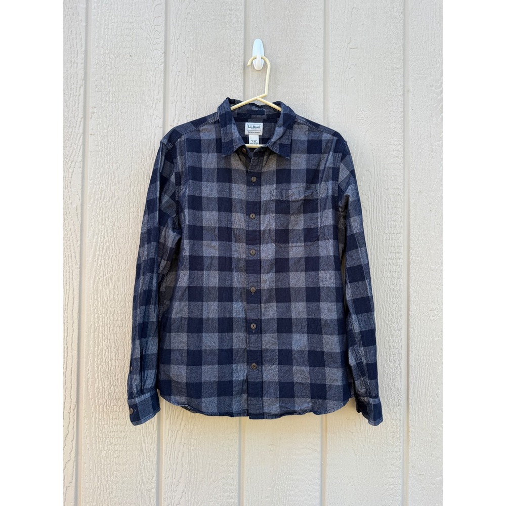 LL Bean Medium Plaid Shirt Outdoorsy Cotton Buffalo Check Navy Grey
